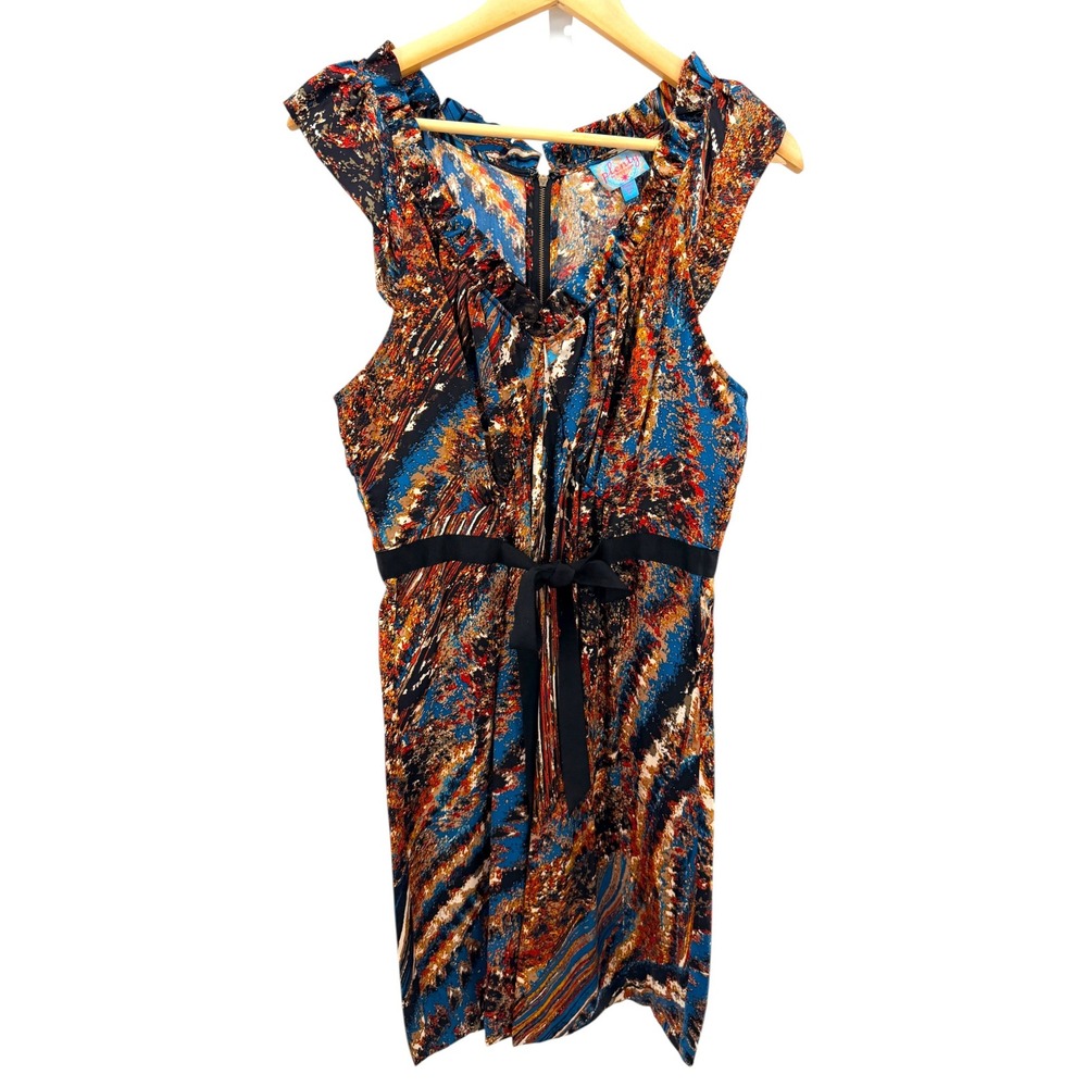 Plenty by Tracy Reese Silk Abstract Print Ruffle V-Neck Dress Blue Orange Medium